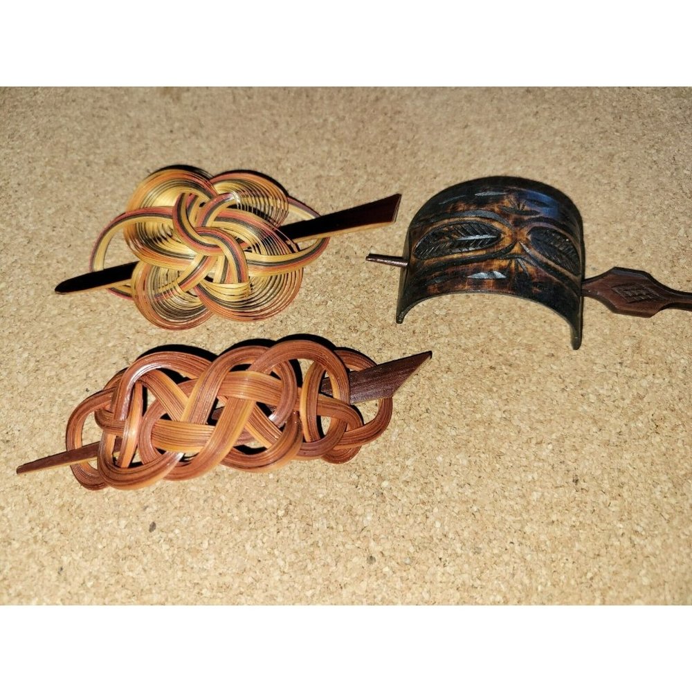 3 NOS Vintage Japanese bamboo woven hair pins carved wood unused beautiful